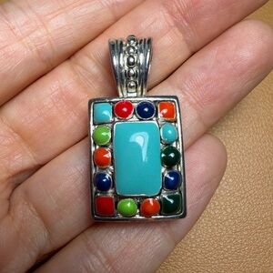 Vintage Style Sterling Silver Tone Turquoise Multi-Gemstone Pendant